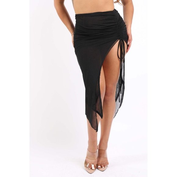 Women's Ariel Mesh Ruched Asymmetrical Midi Skirt Lightweight cover up skirt - Picture 2 of 10
